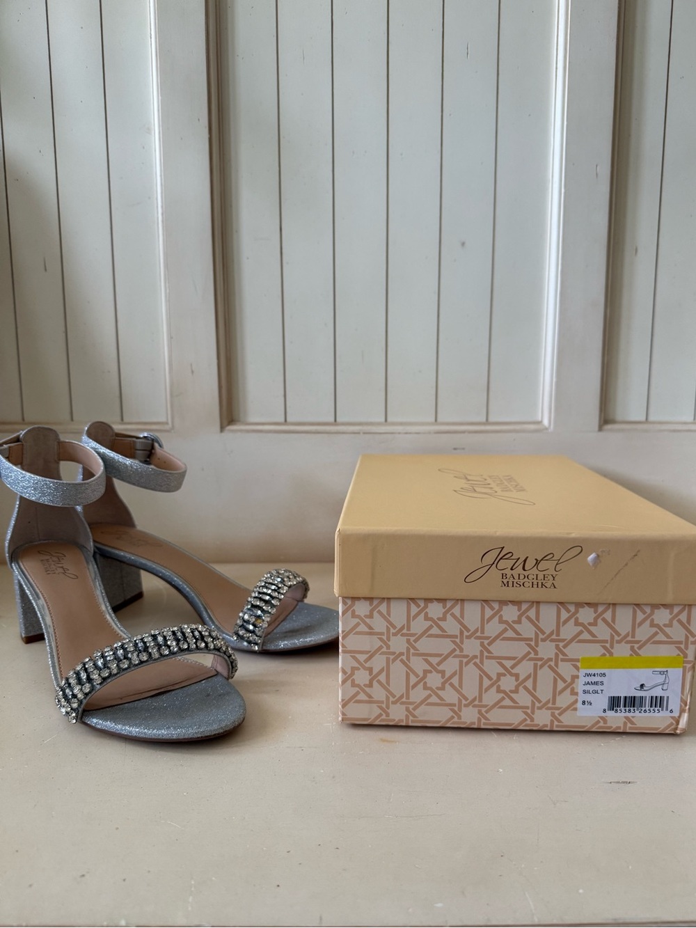 Jewel Badgley Mischka Silver Crystal Strap Block Sandals